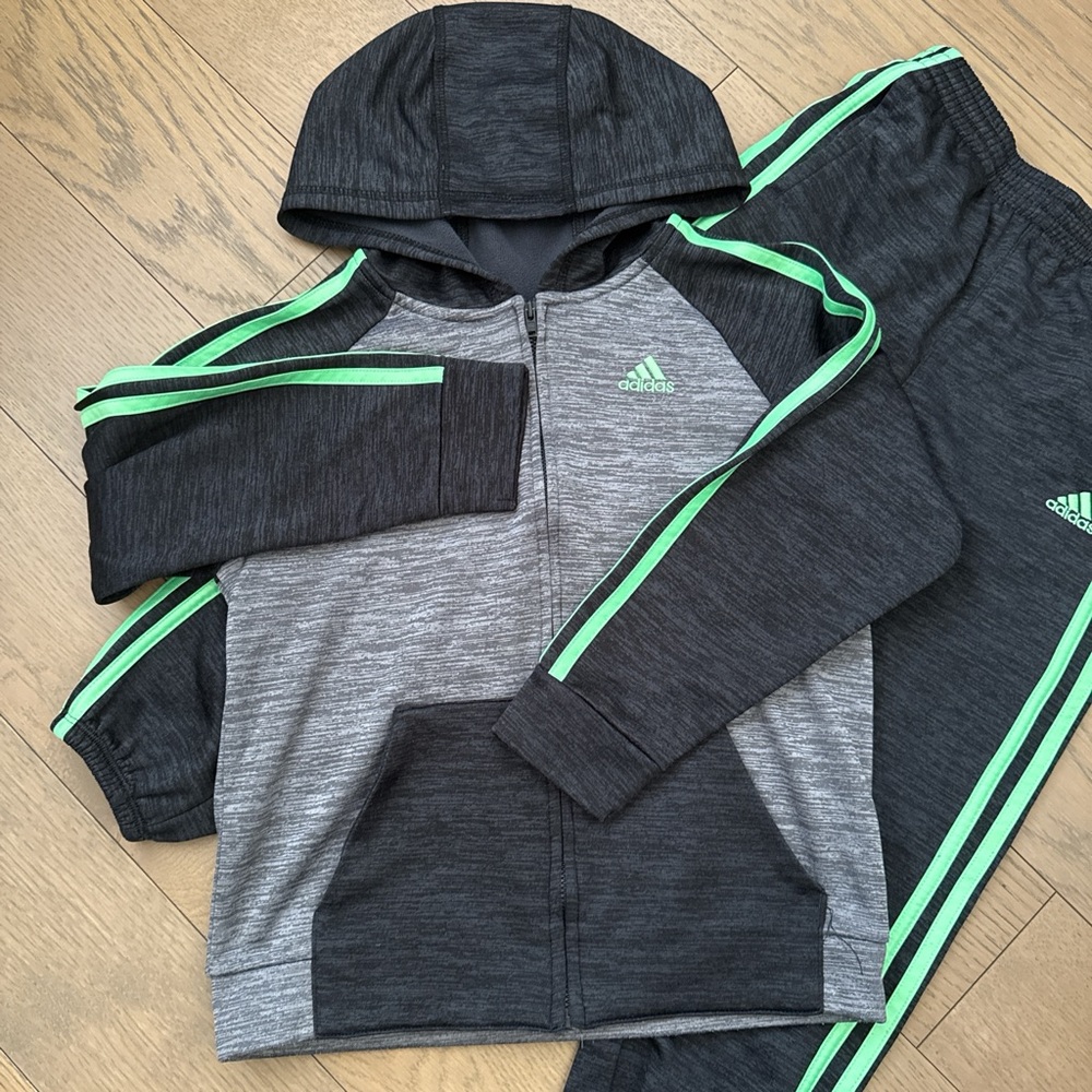 Adidas Charcoal and Heather Tracksuit with Neon Green Accents